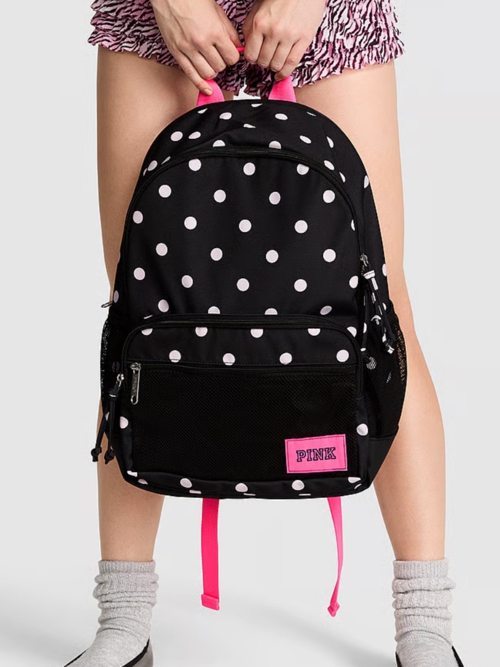 PINK Victoria's Secret Campus Black Backpack with Pink Polka Dots - Picture 3 of 3